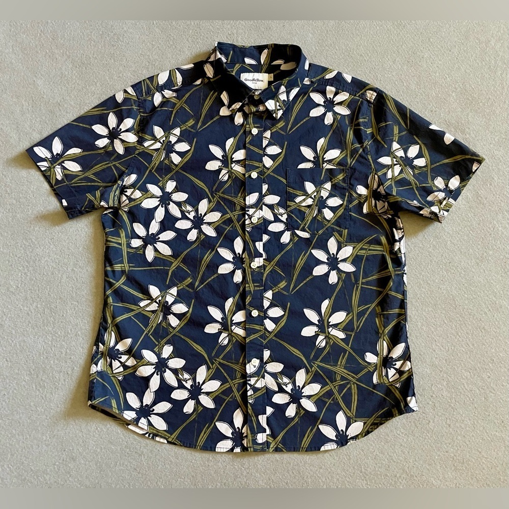 Goodfellow & Co Slim Shirt Men’s Large Navy Floral Stretch Short Sleeve Casual